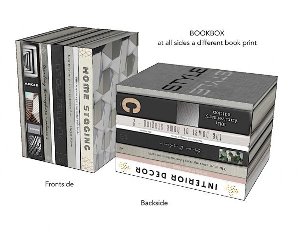 CARDBOARD BOOKBOX large. All sides of the cube are printed with a different book print or book pages print. Can be used portrait or landscape. Price is for ONE bookbox