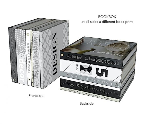 CARDBOARD BOOKBOX small. All sides of the cube are printed with a different book print or book pages print. Can be used portrait or landscape. Price is for ONE bookbox