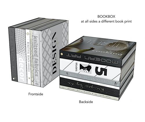 CARDBOARD BOOKBOX small. All sides of the cube are printed with a different book print or book pages print. Can be used portrait or landscape. Price is for ONE bookbox
